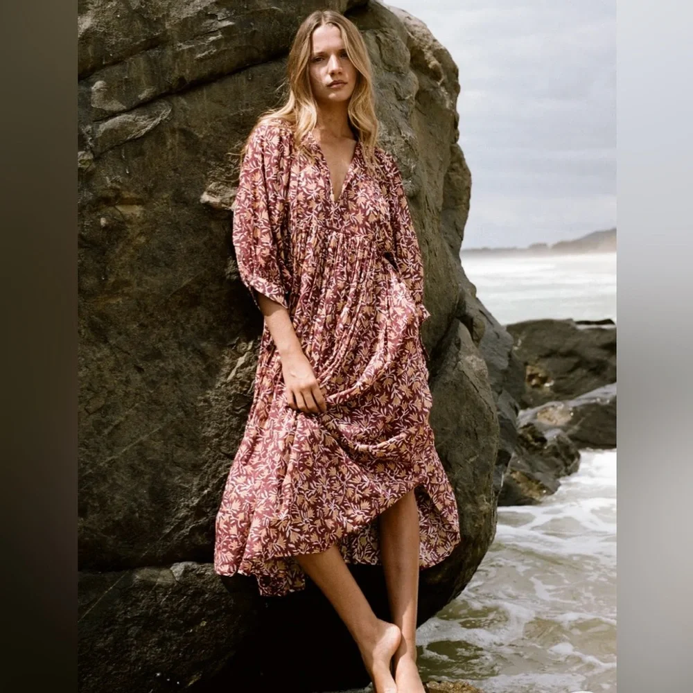 Daughters of India Maroon and Yellow Floral Dress - Picture 1 of 7